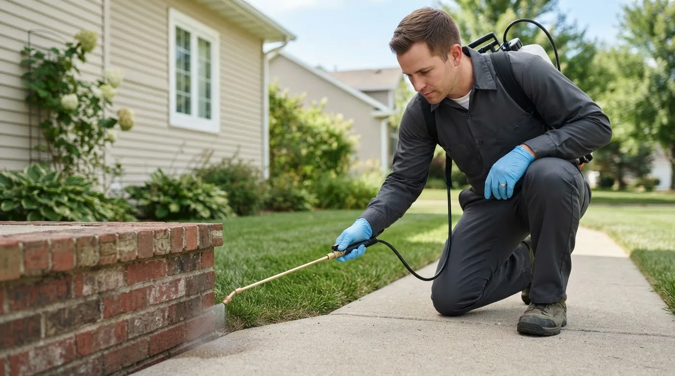Pest control technician treating a home near Booneville, AR